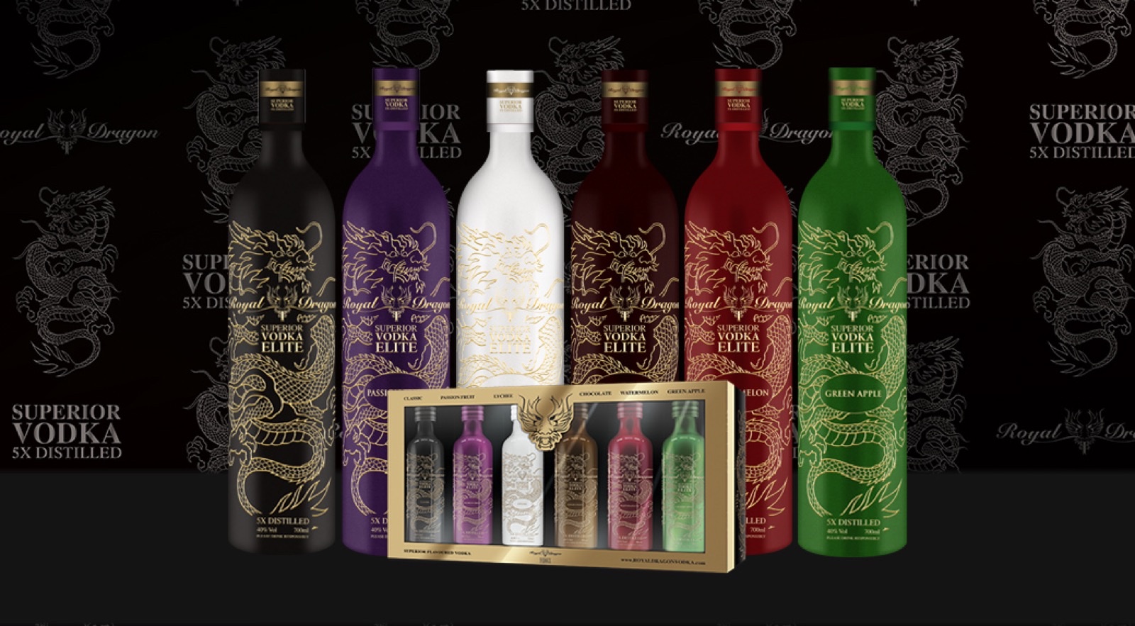 The Elite range: six flavors, six colors, 700ml each, with the travel pack in front