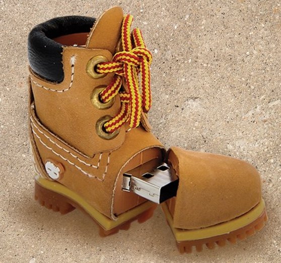 And a Timberland boot that opens to a USB drive. Not a logo on a generic object, but an object the audience already owns, borrowed