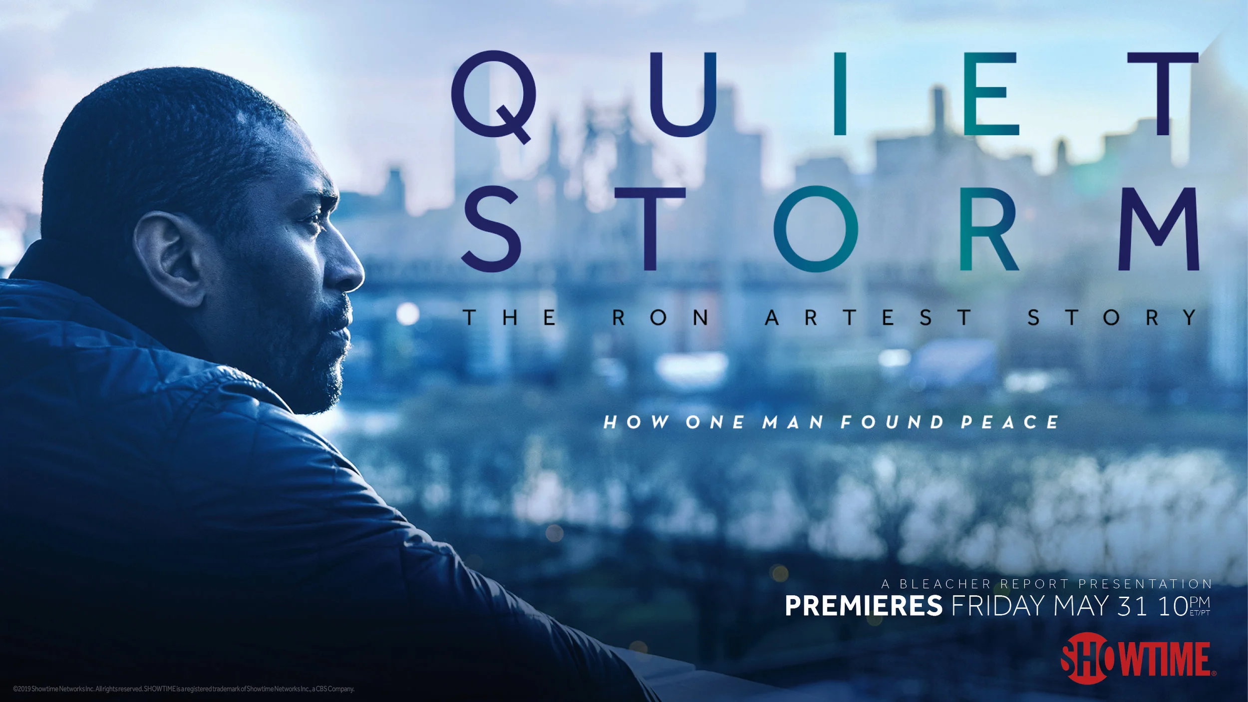 Quiet Storm, horizontal template. The title is tracked wide across two lines so the letters never collide when it shrinks, and the gradient through the letterforms gives the type its own presence at sizes where the photograph has gone muddy