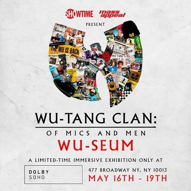 The same art rebuilt square for the Wu-Seum exhibition. Nothing sits beside anything any more: the W moves up, the title stacks under it, and a venue, an address and a four day run get added to a layout that reserved no space for them