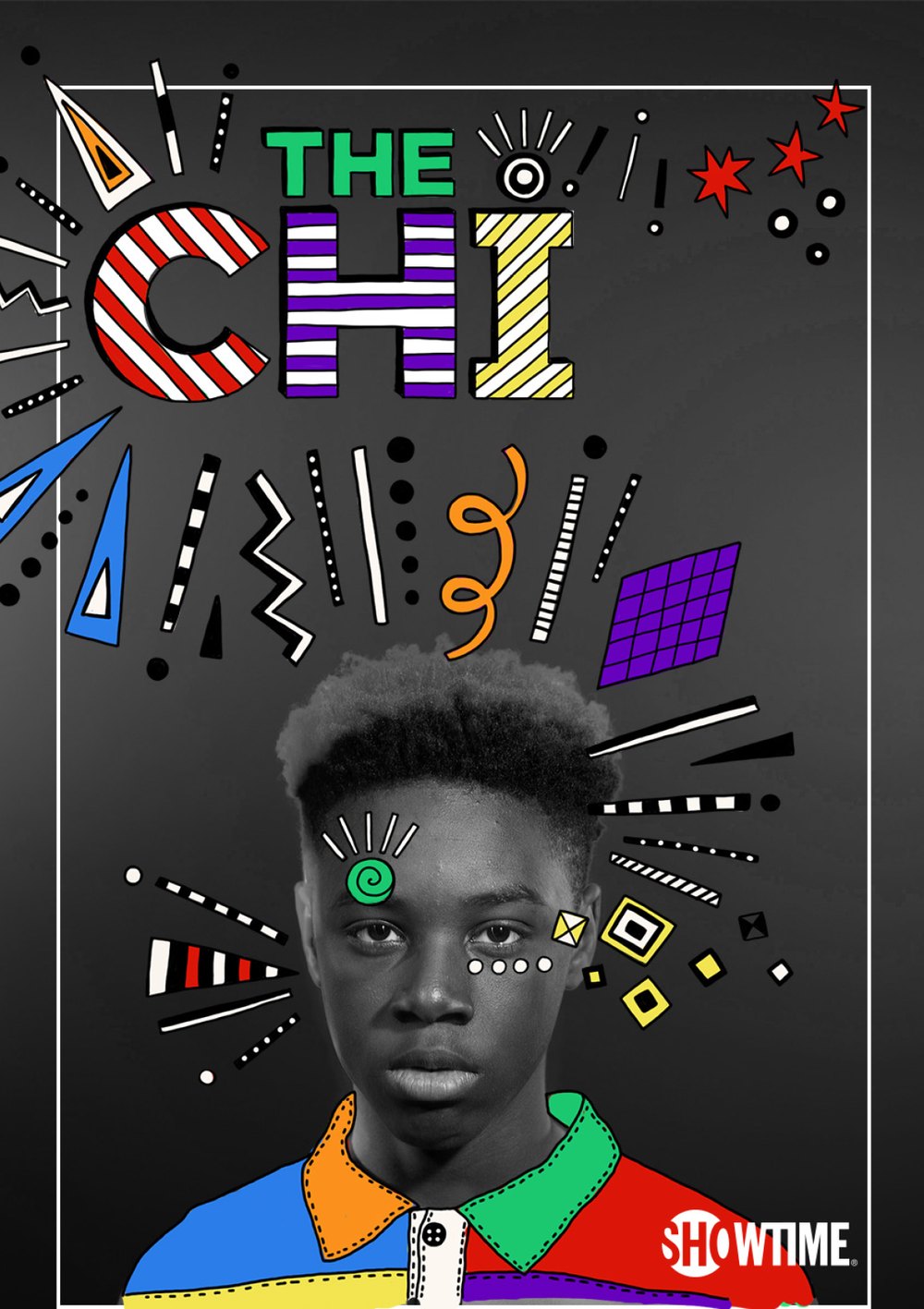 Ana Strumpf's execution for The Chi: photography desaturated to black and white, illustration carrying all the color, logotype drawn by hand