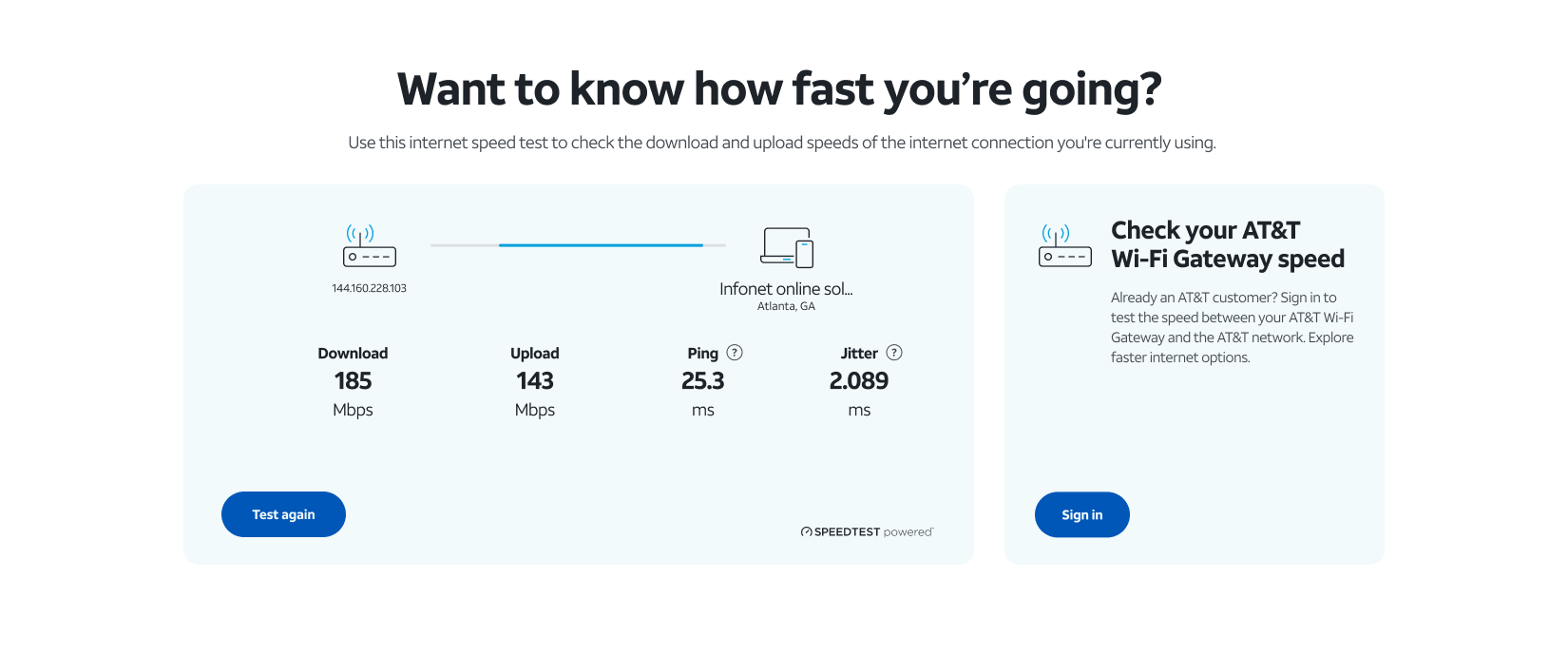 The result draws the connection rather than only reporting it: your gateway, the line, and the named test server with its city. 185 Mbps is a number, but 185 Mbps from your address to a server in Atlanta is a measurement