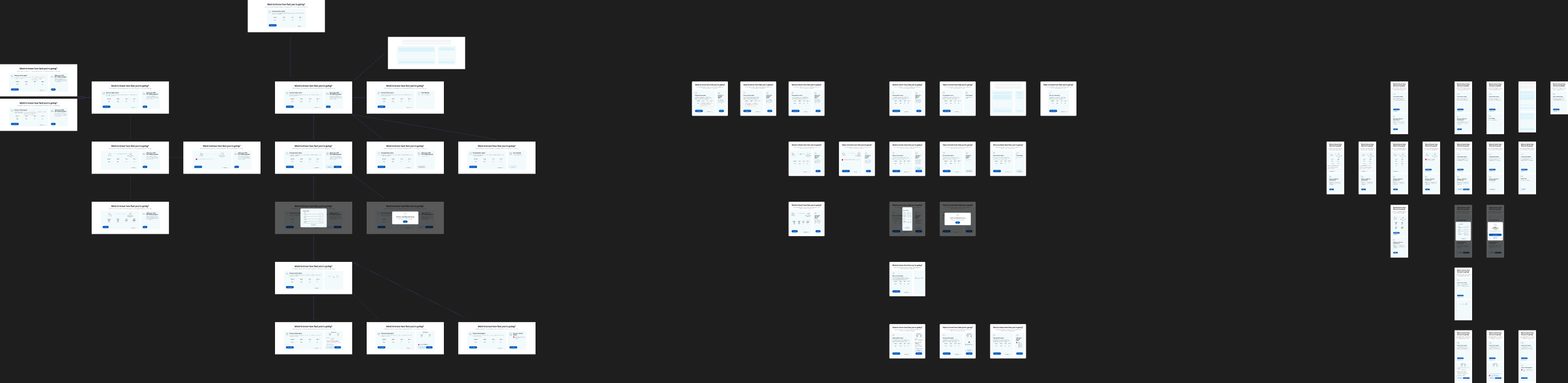 The full build: desktop, tablet and mobile, with every loading, offline, empty and API-failure state specified and wired into a flow. Four frames cover the happy path. Everything else is what happens when the test does not work